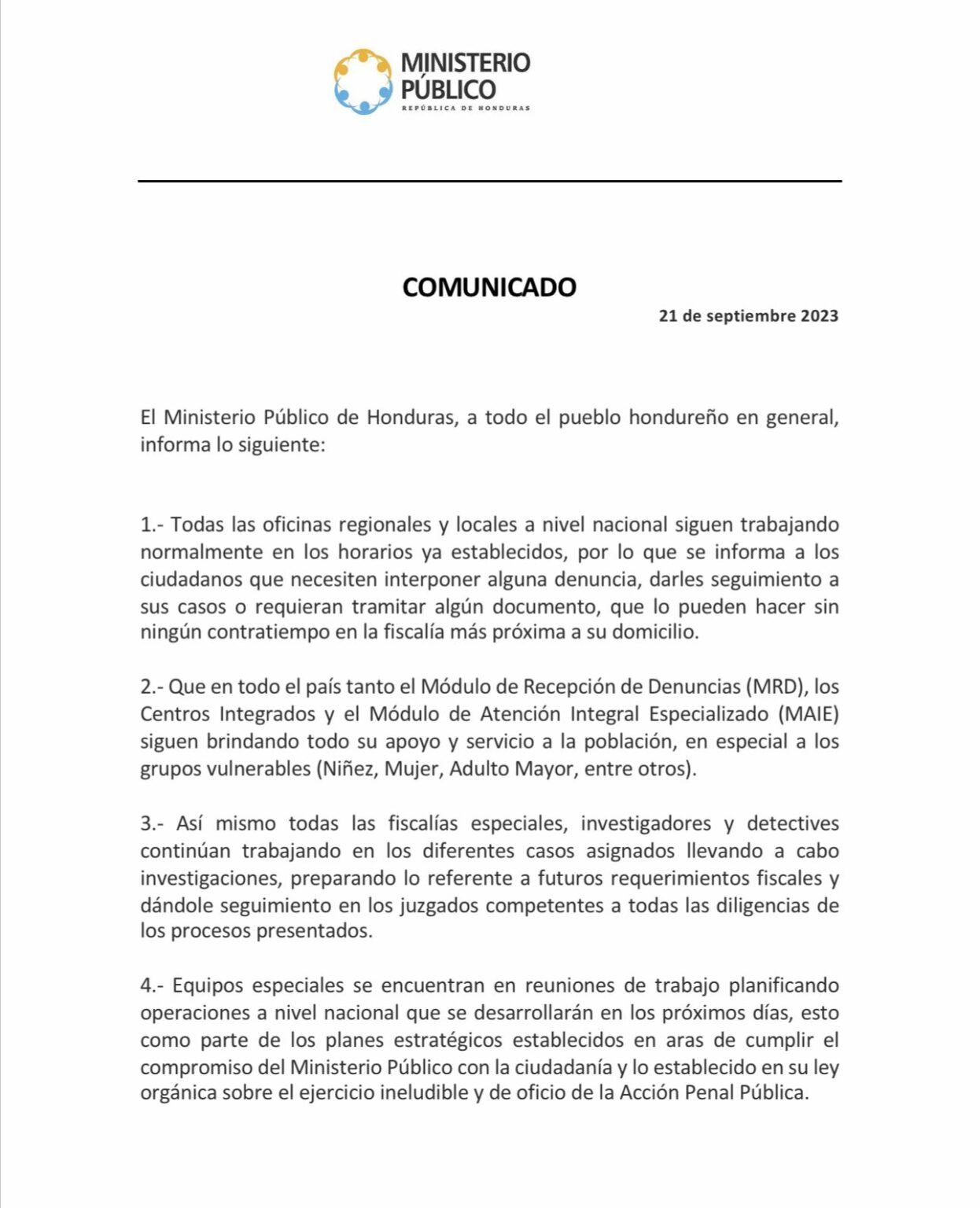 El Ministerio Público De Honduras A Todo El Pueblo Hondureño En